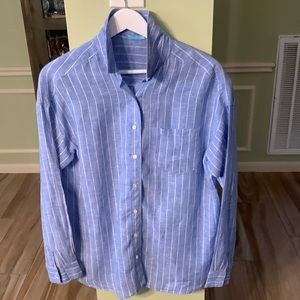 J. McLaughlin Size M Linen Blouse - Blue with White pinstripes. Button down